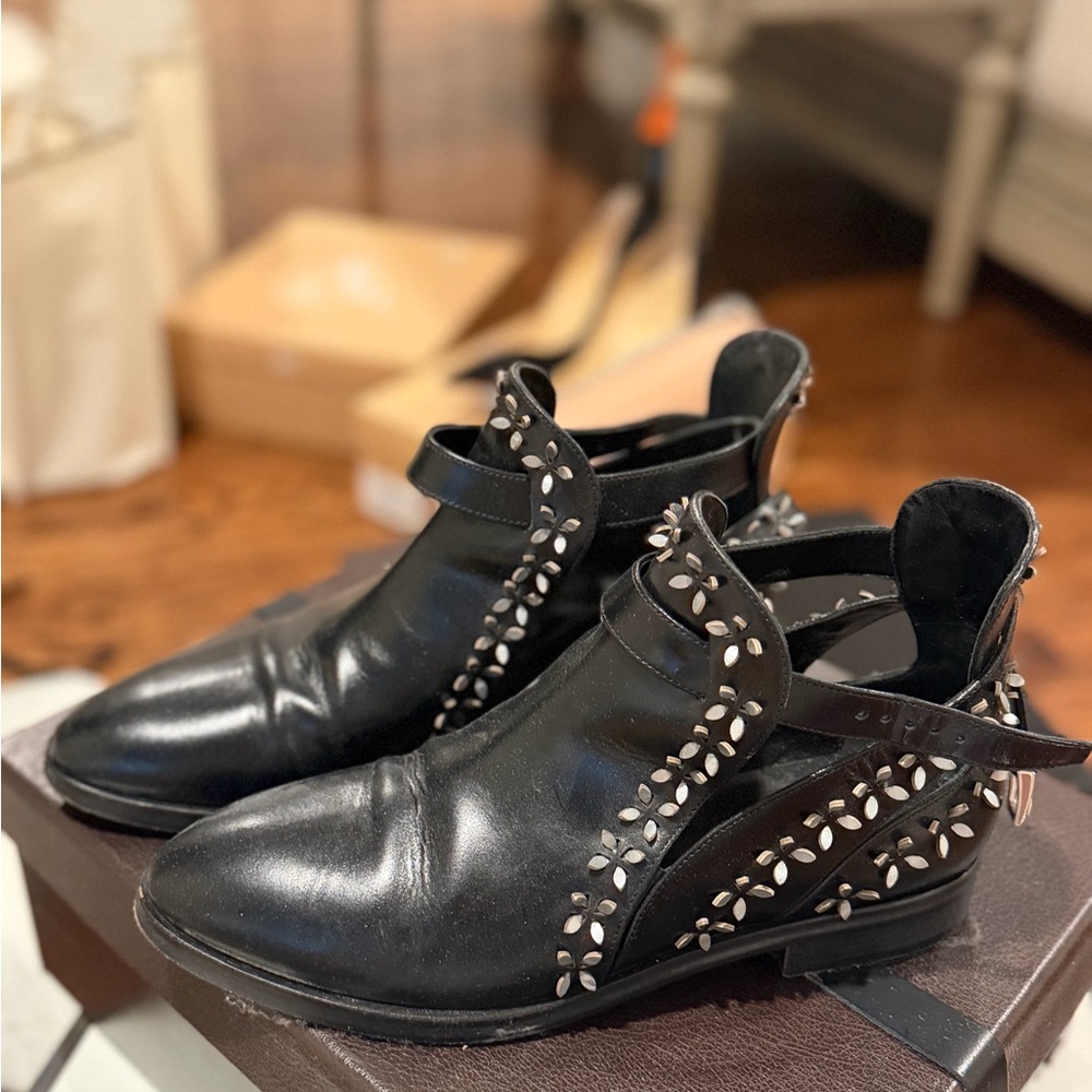 Alaïa Black Leather Ankle Boots with Silver Stud Detailing